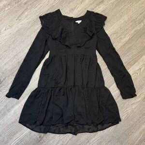 Entro Black Star Pattern Ruffle V-Neck Long Sleeve Tiered Mini Dress Small